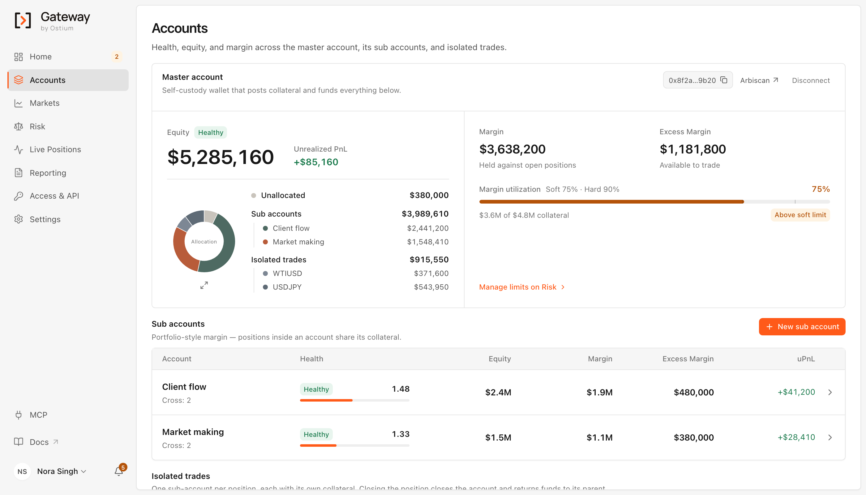 Gateway accounts: master-account equity, allocation and margin.